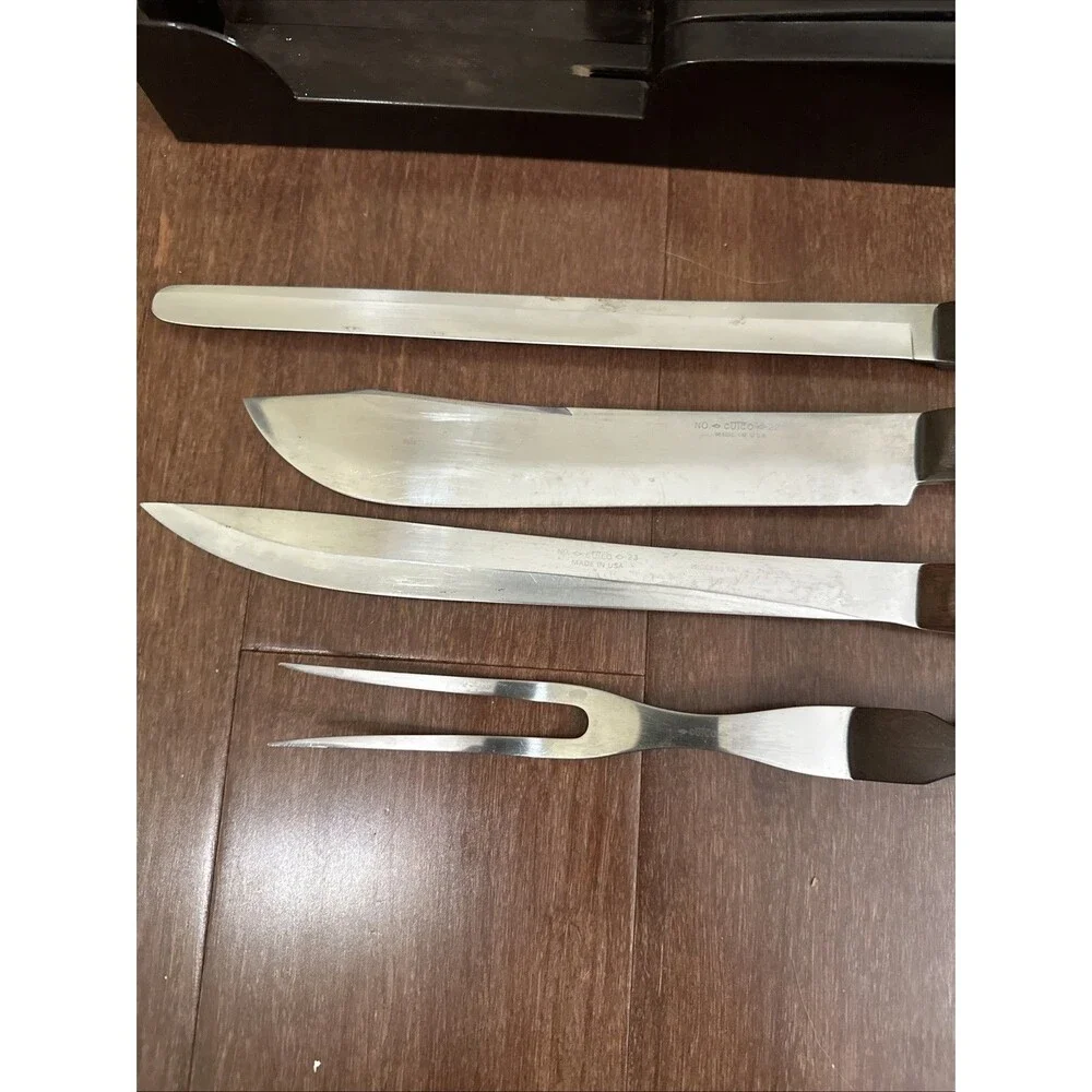 Vtg 4 Pc CUTCO Knife Set 22, 23, 24, 27 Brown Handles With Knife Holder READ